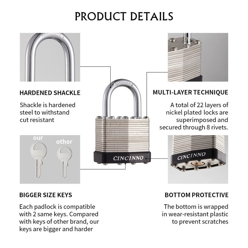 CINCINNO 40mm Keyed Alike Nickel Plated Laminated Steel Padlock, 1-9/16" Wide Body 1-inch Shackle Padlocks with Keys Pack of 12 - Image 3